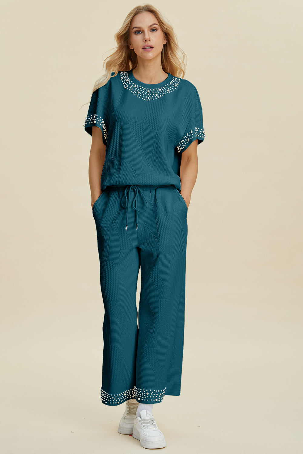 Pearl Detail Round Neck Top and Pants Set