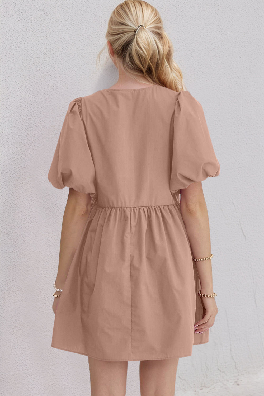 Bow Ruched Puff Sleeve Mini Dress