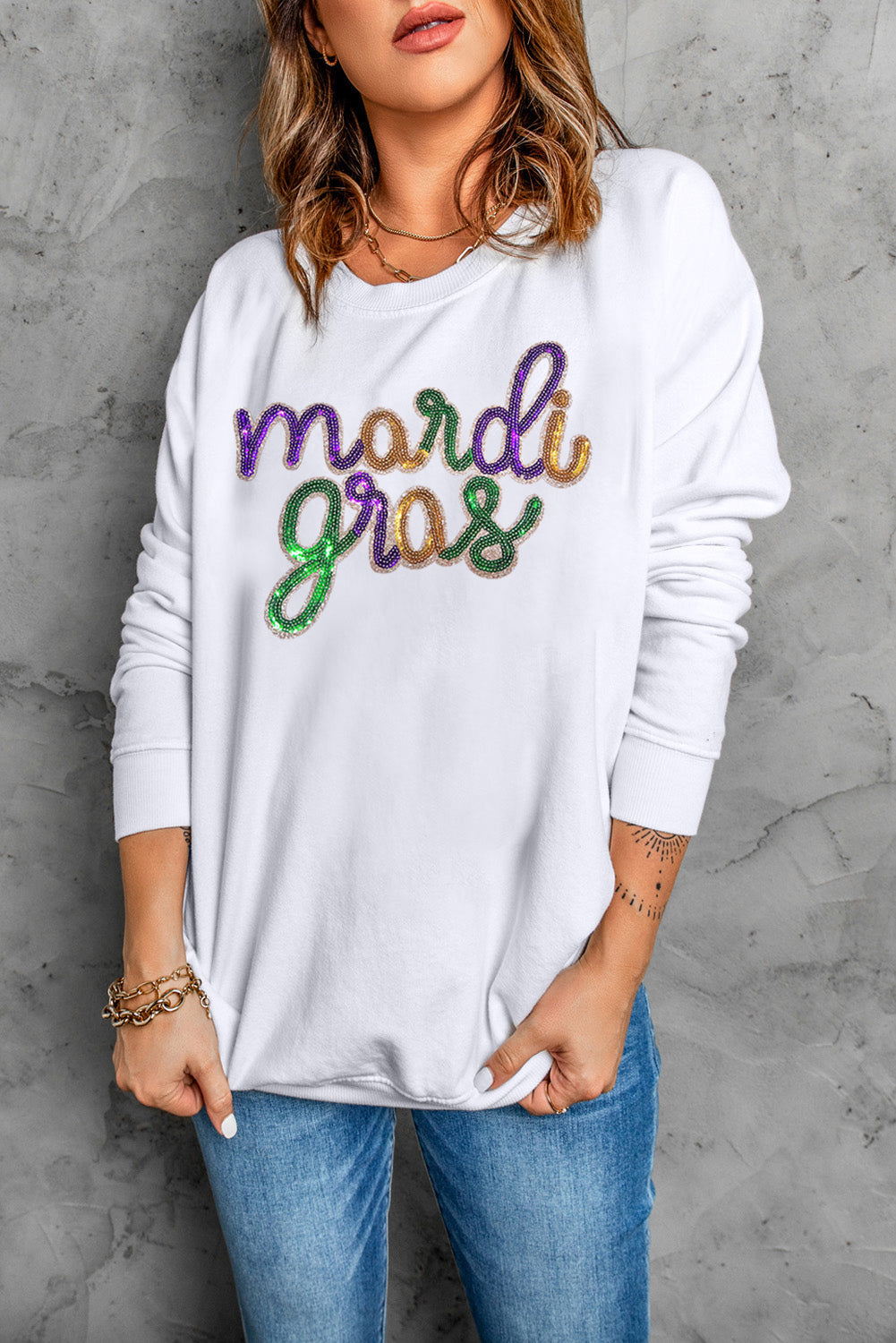 Sequined Mardi Gras Graphic Crew Neck Drop Shoulder Sweatshirt