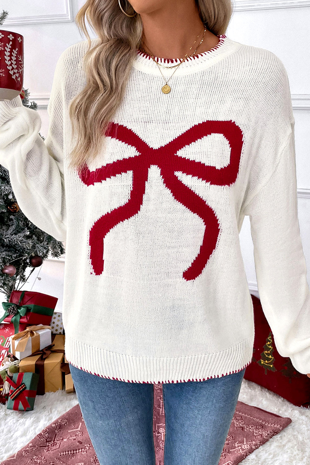 Bow Pattern Contrast Trim Christmas Loose Graphic Sweater