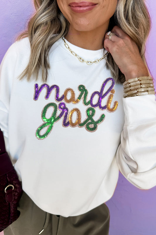 Sequined Mardi Gras Graphic Crew Neck Drop Shoulder Sweatshirt