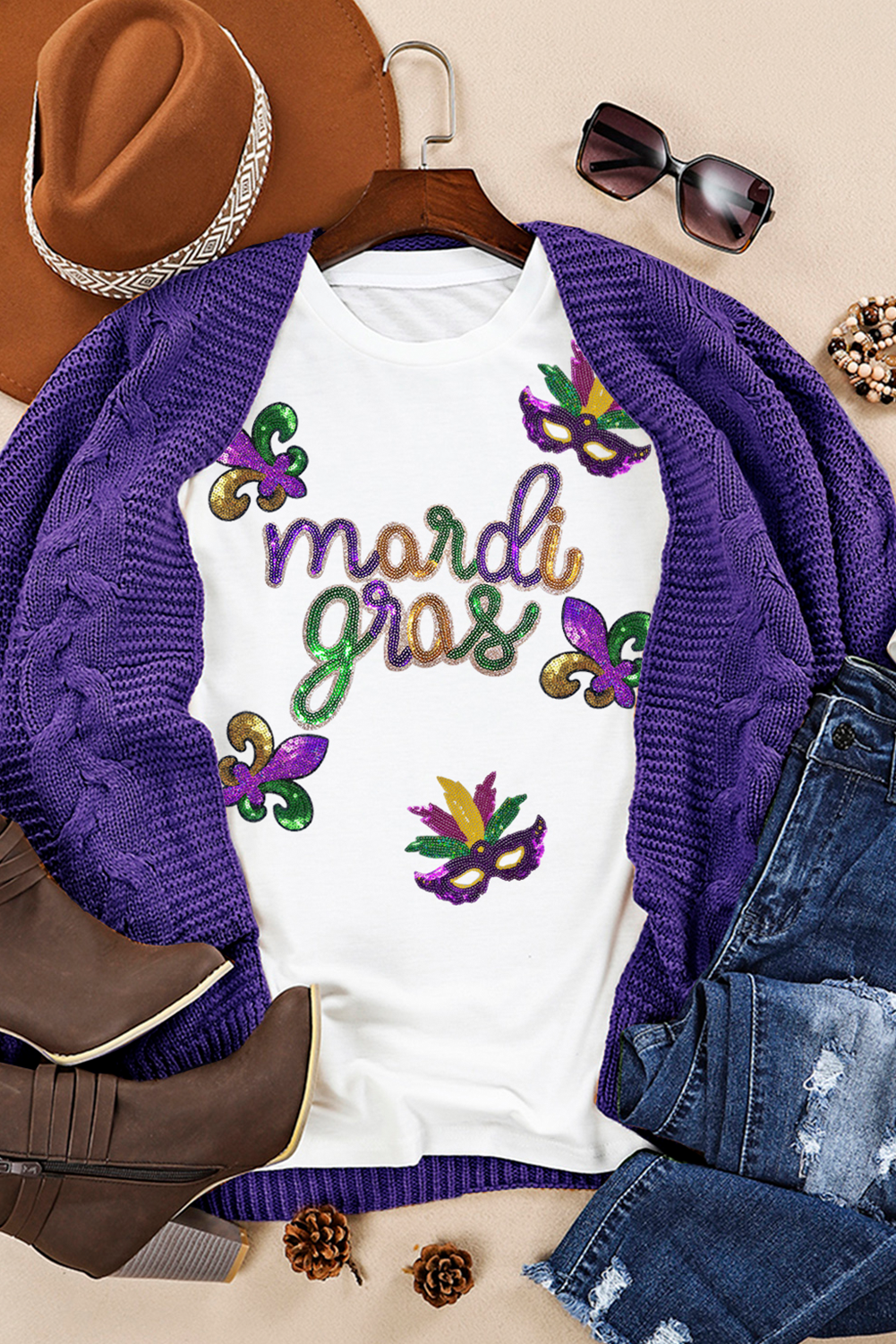 Sequin Mardi Gras Pattern Graphic Crew Neck Tee