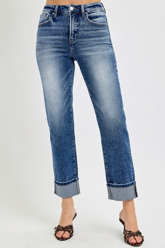 High Rise Crop Straight Roll Up Jeans