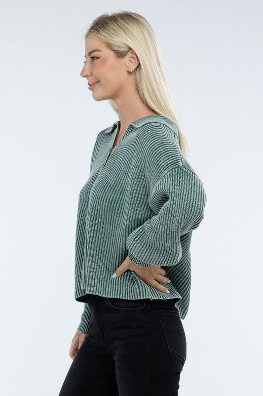 Washed Collared Henley Sweater