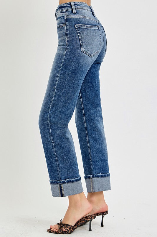 High Rise Crop Straight Roll Up Jeans