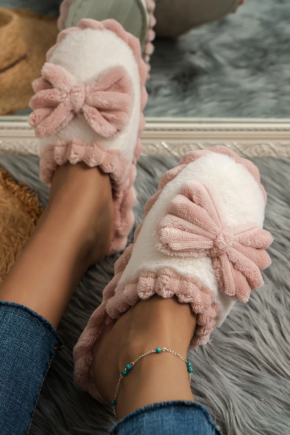 Bow Ribbed Plush Slippers