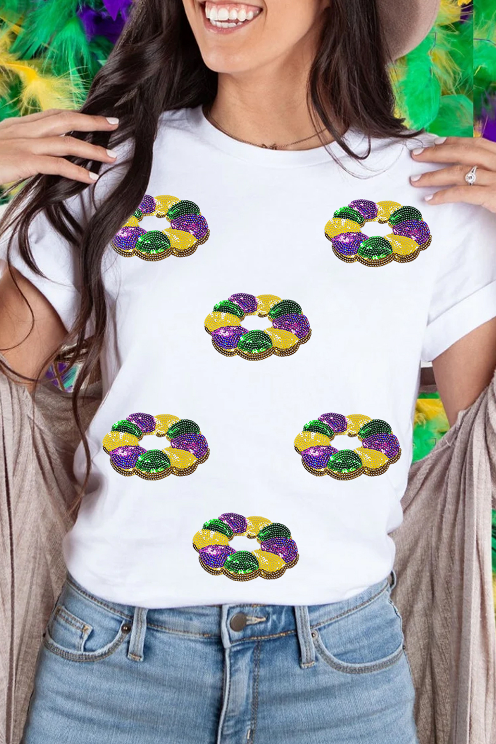 Sequined Mardi Gras Pattern Crew Neck Short Sleeve Top