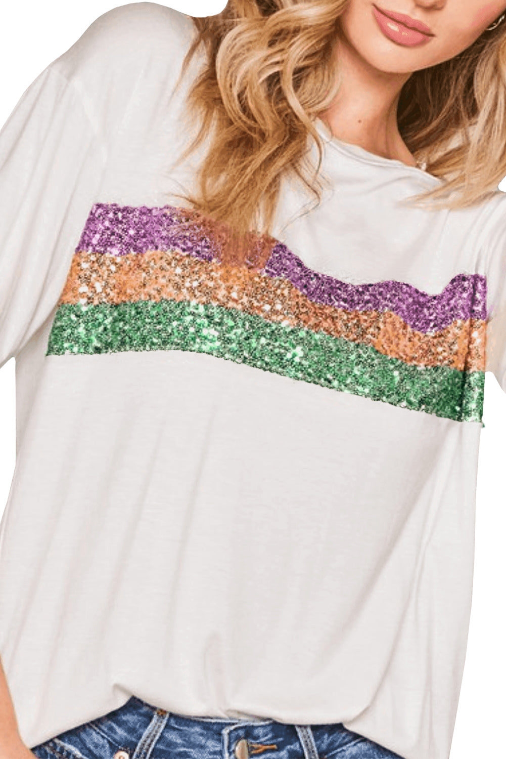 Colorblock Sequin Mardi Gras Crewneck T-Shirt