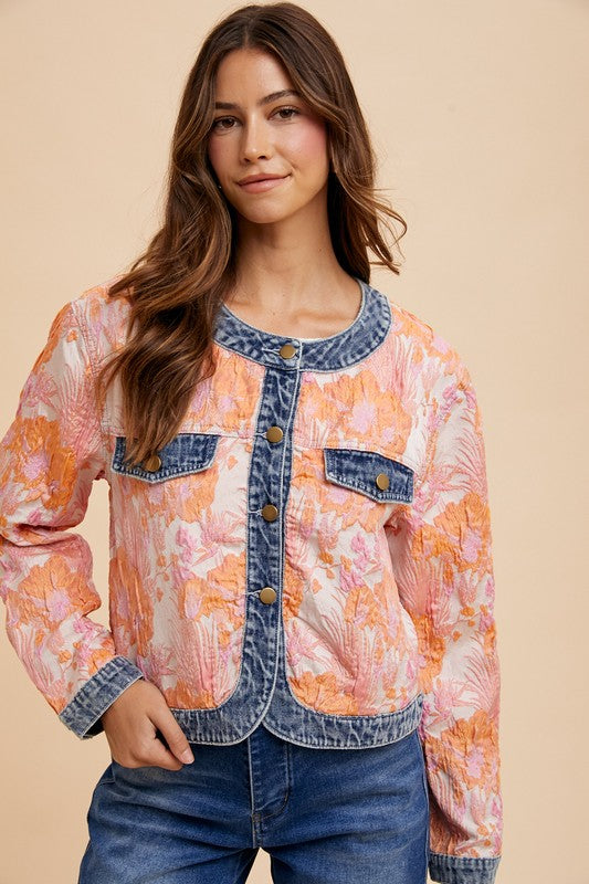 Floral Jacquard Denim Contrast Button Down Jacket