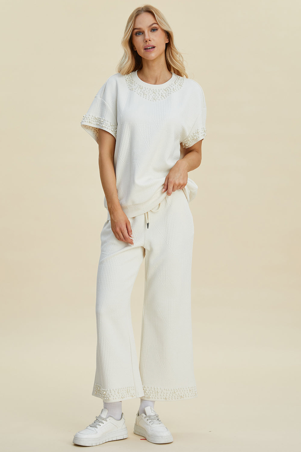 Pearl Detail Round Neck Top and Pants Set