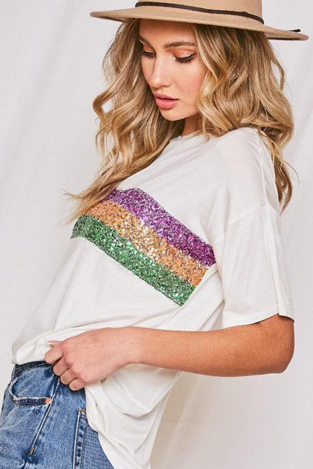 Colorblock Sequin Mardi Gras Crewneck T-Shirt