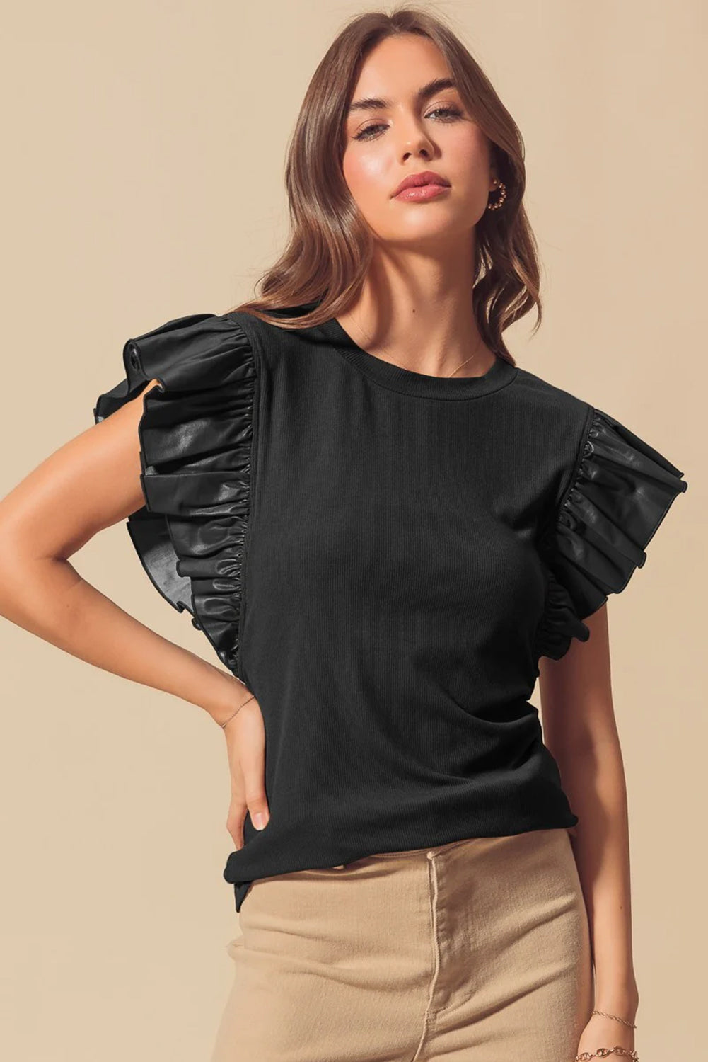 Leather Ruffle Sleeve Patchwork Round Neck Blouse