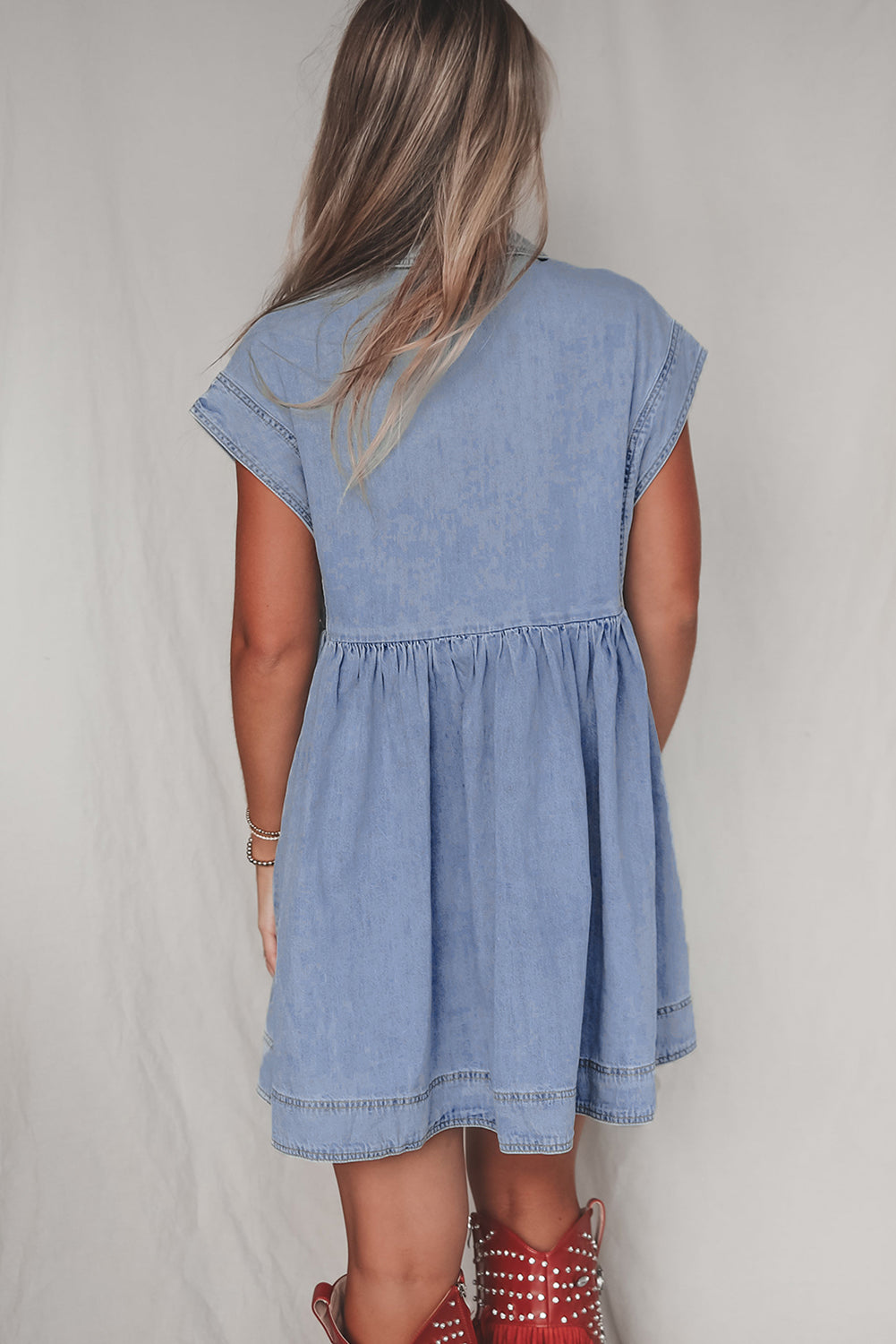 Lapel Neck Cap Sleeve Denim Babydoll Dress