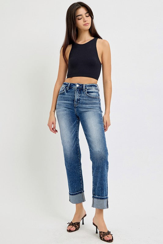 High Rise Crop Straight Roll Up Jeans