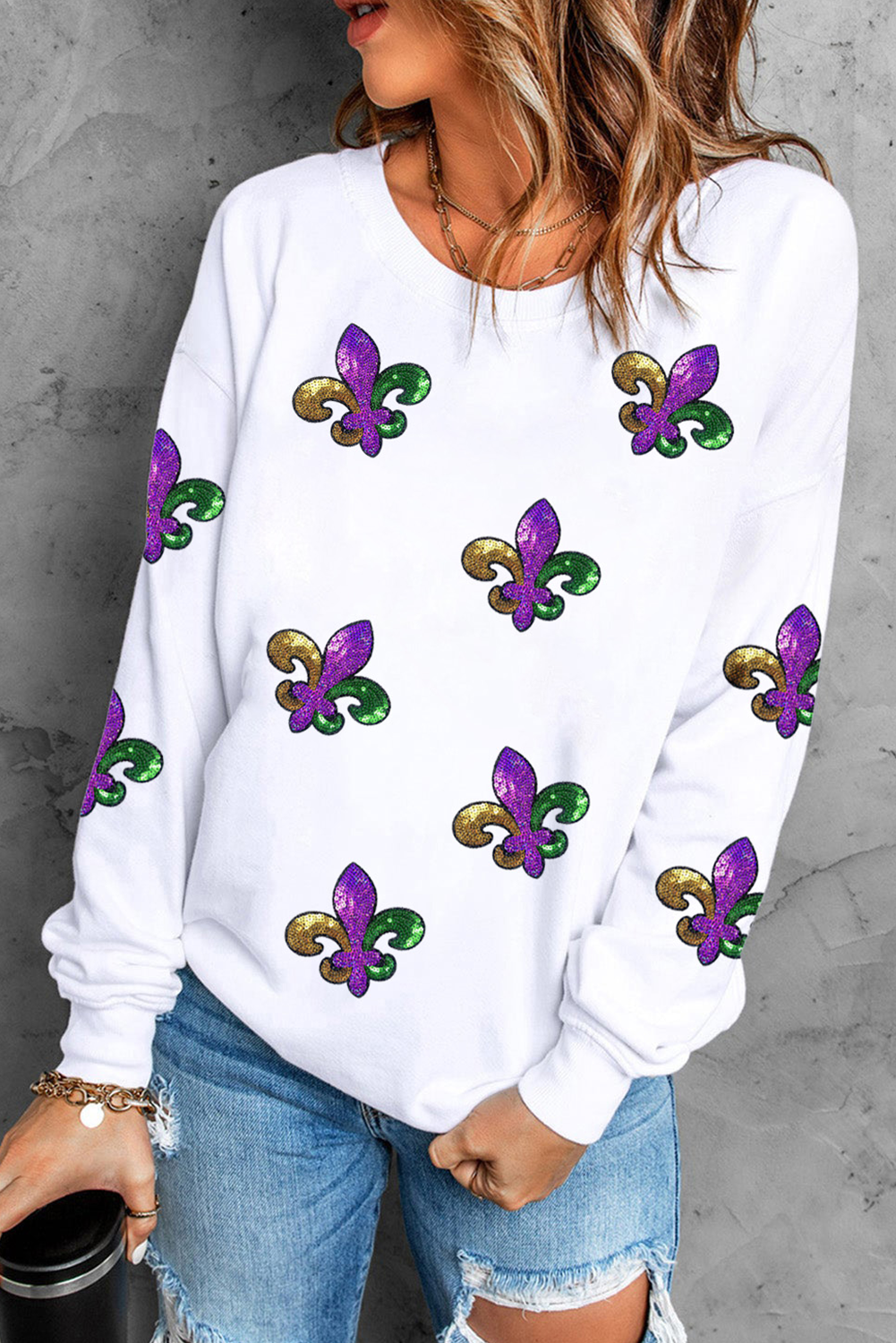 Fleur De Lis Sequin Patched Graphic Drop Shoulder Sweatshirt