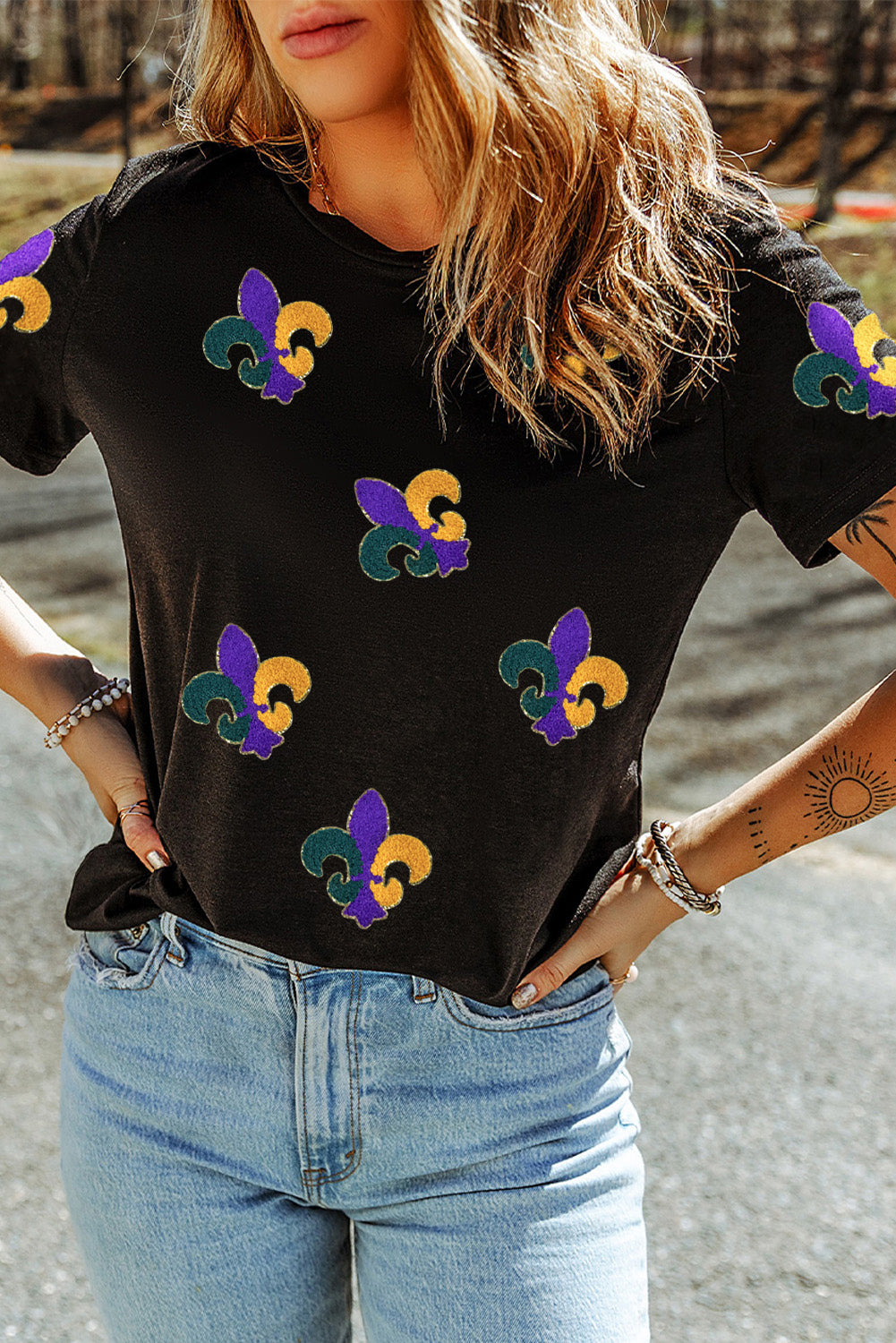 Chenille Mardi Gras Patched Crew Neck Tee