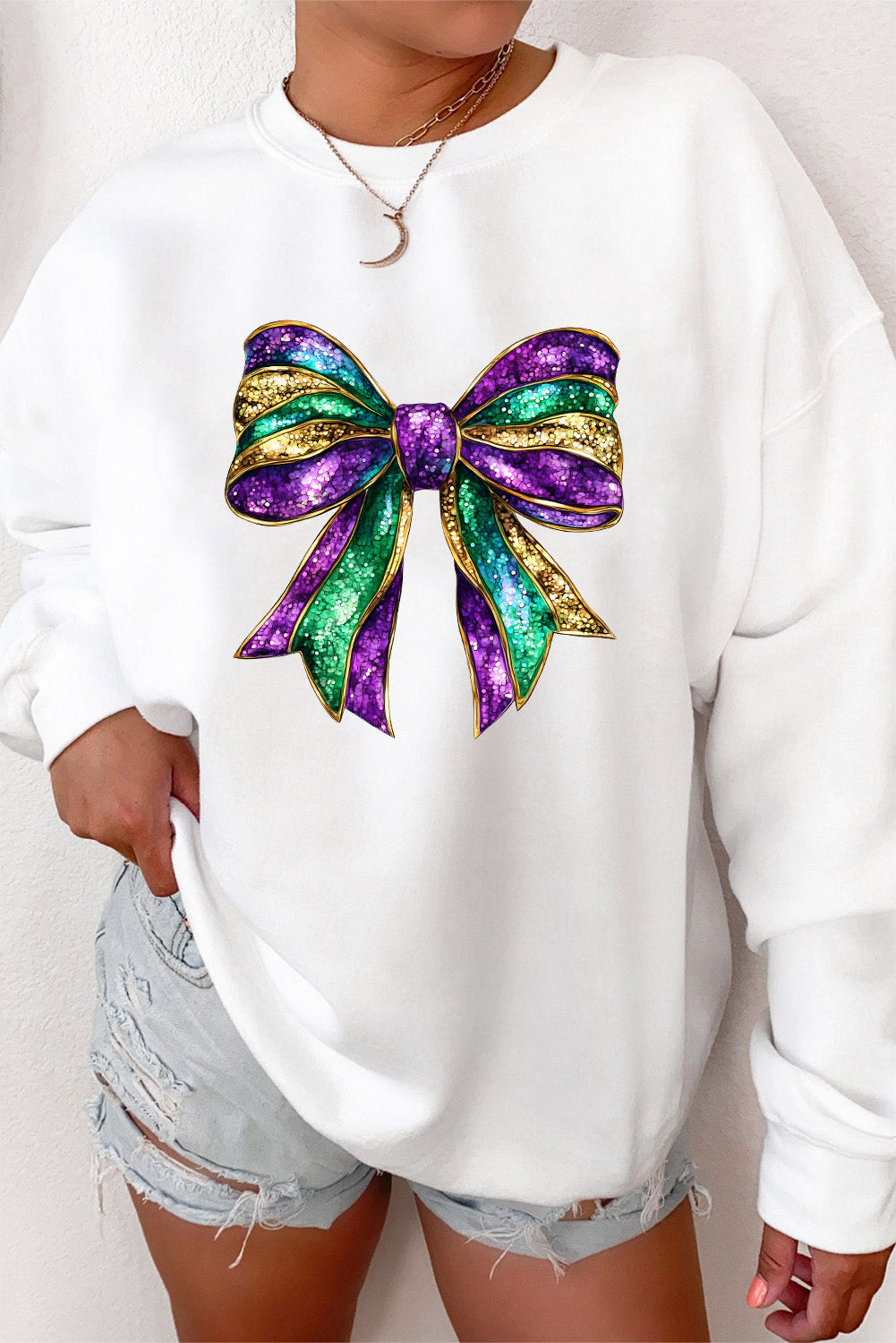 Mardi Gras Bow Graphic Drop Shoulder Sweatshirt