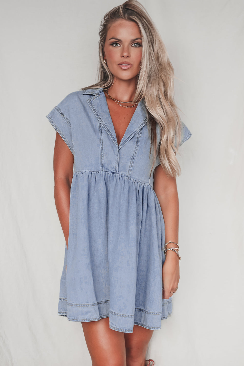 Lapel Neck Cap Sleeve Denim Babydoll Dress