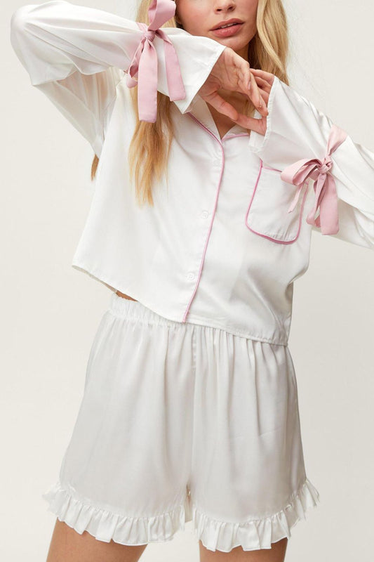 Tied Cuff Collared Neck Top and Frill Shorts Lounge Set