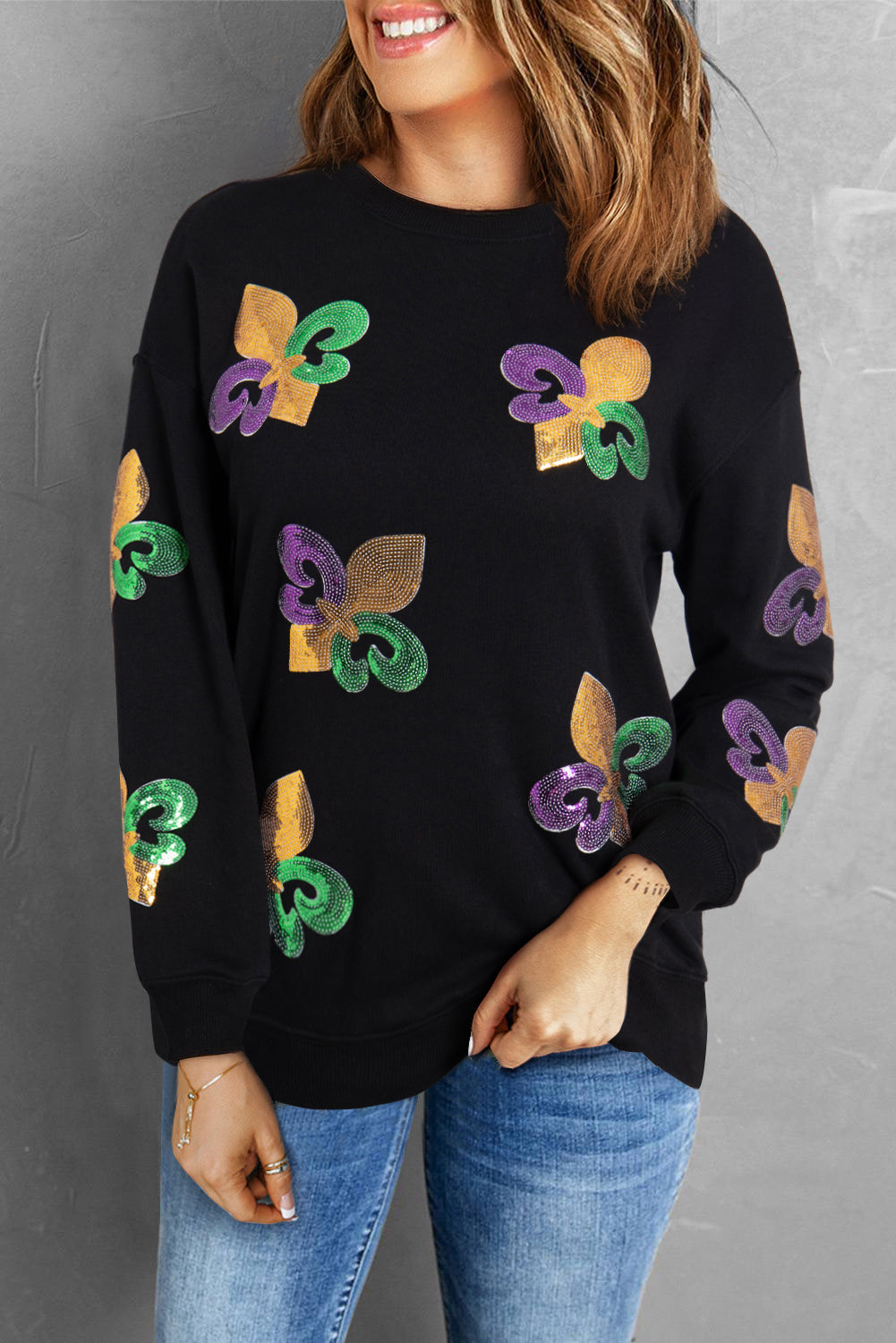 Sequin Mardi Gras Graphic Pullover Sweatshirt