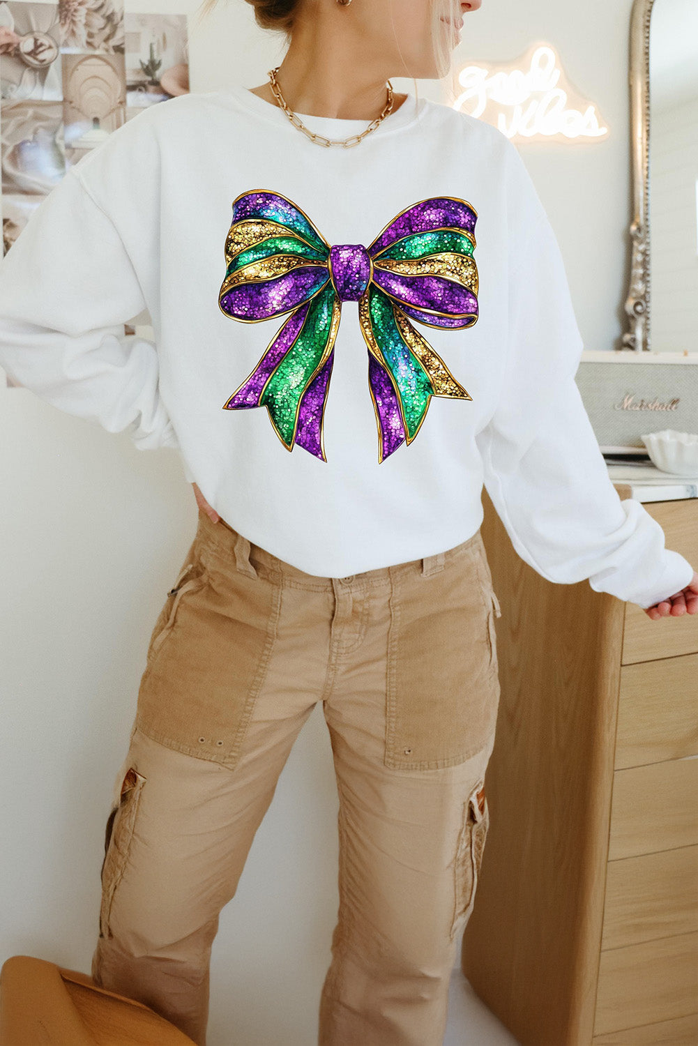 Mardi Gras Bow Graphic Drop Shoulder Sweatshirt