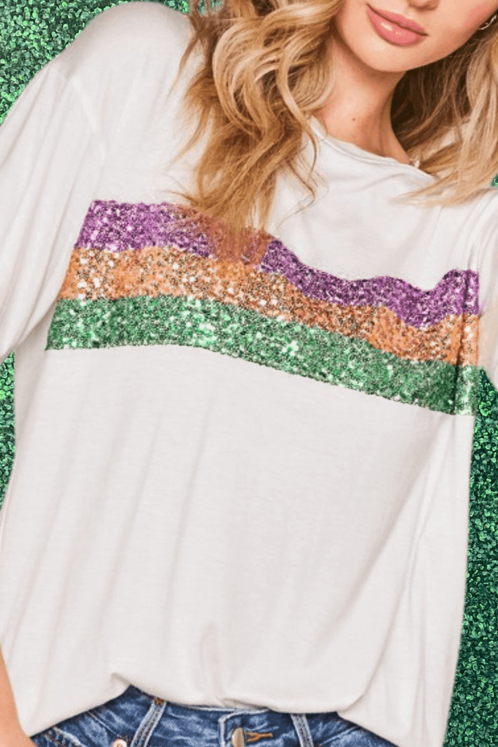 Colorblock Sequin Mardi Gras Crewneck T-Shirt