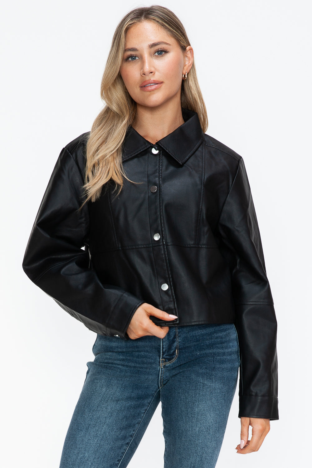 Snap Down Long Sleeve PU Leather Jacket