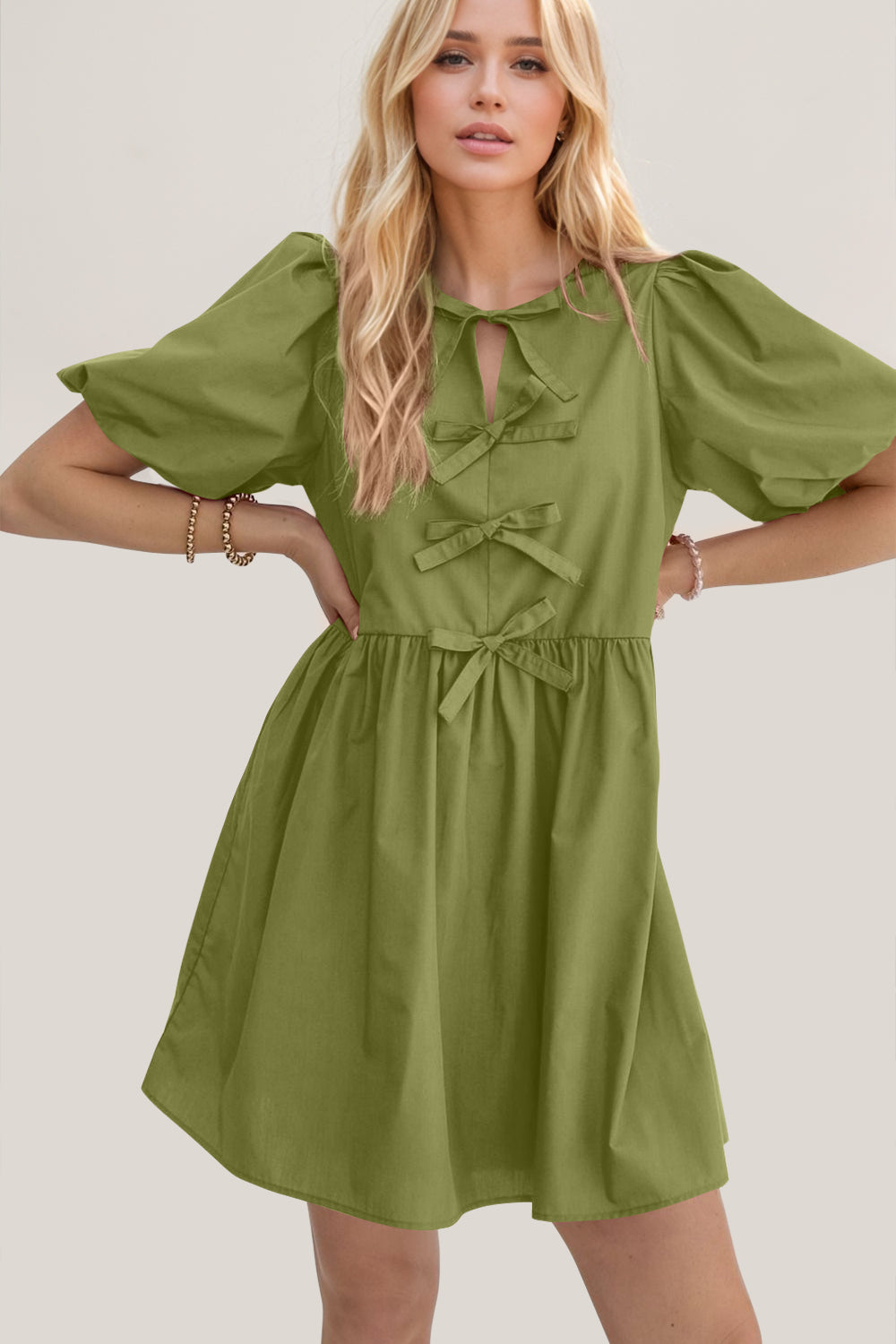 Bow Ruched Puff Sleeve Mini Dress