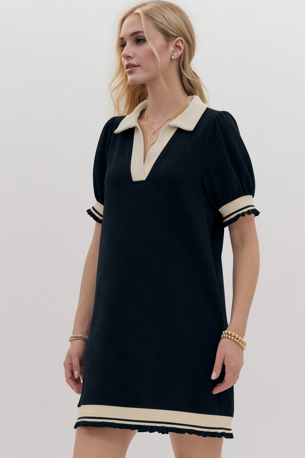 Frill Contrast Trim Johnny Collar Short Sleeve Mini Dress