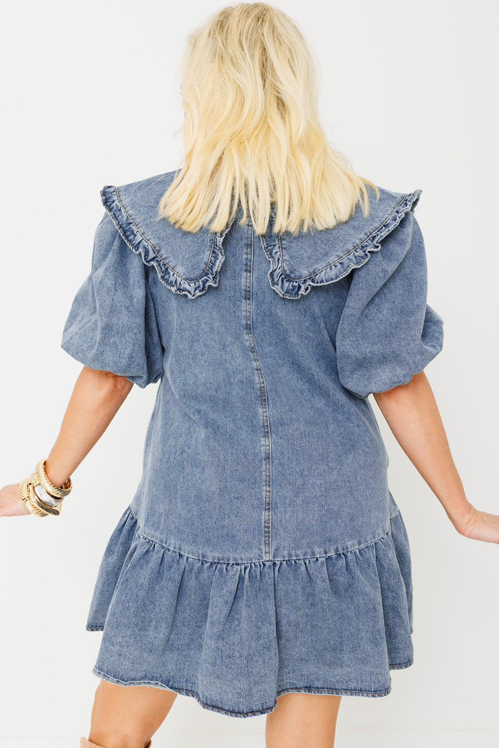 Ruffled Collared Puff Sleeve Denim Dress