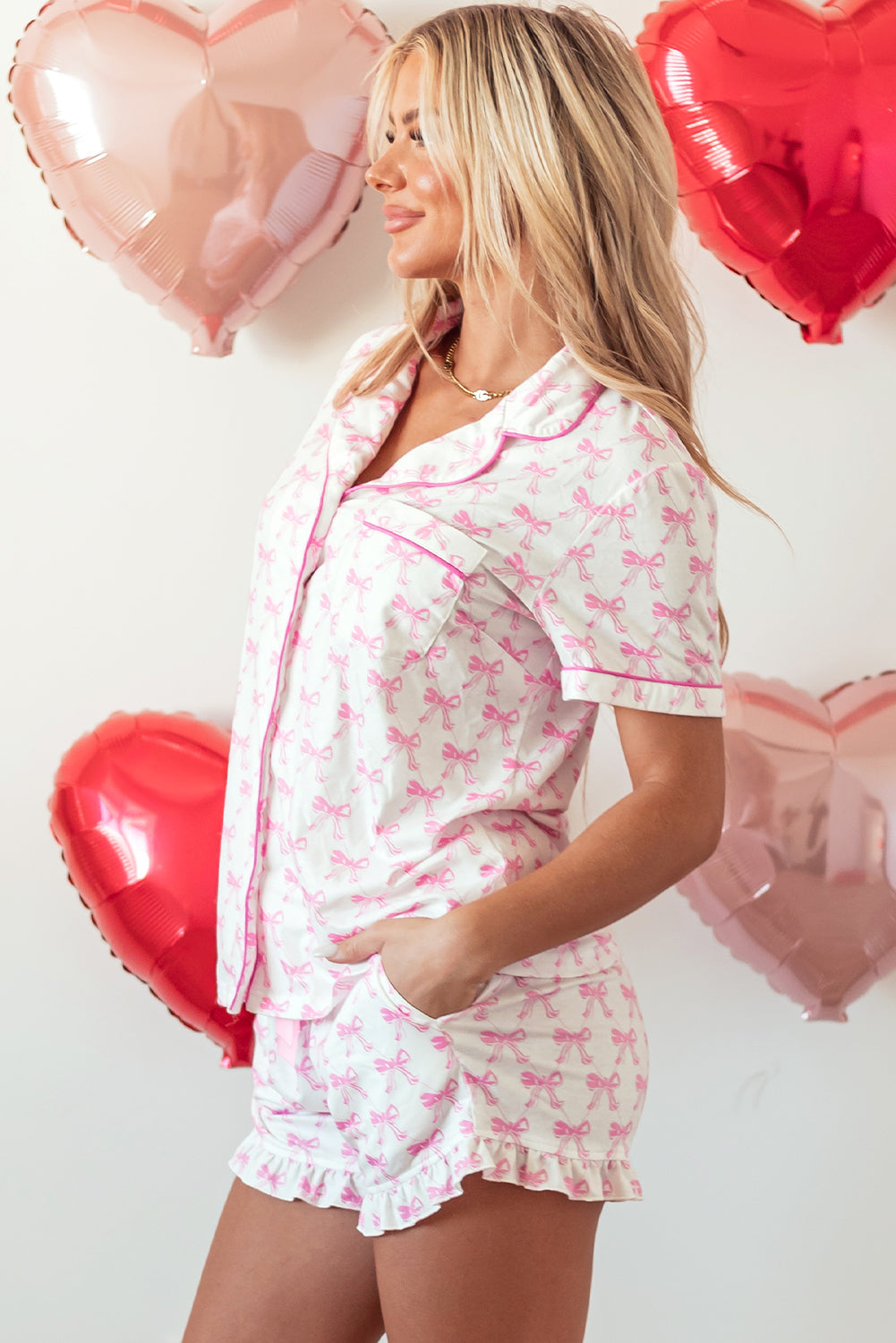 Printed Short Sleeve and Ruffled Shorts Pajama Set