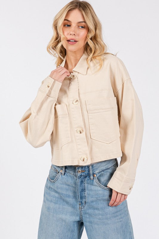 Button Down Cropped Denim Jacket with Patch Pockets