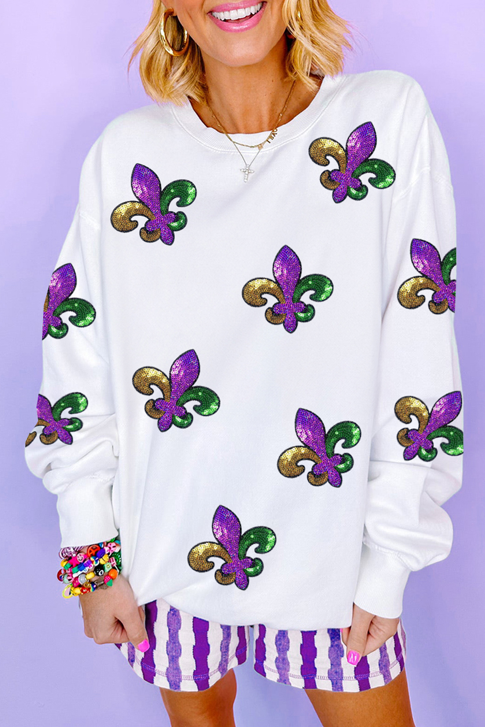 Fleur De Lis Sequin Patched Graphic Drop Shoulder Sweatshirt