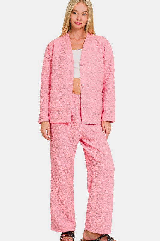 Quilted Button Up Long Sleeve Top and Pants Lounge Set