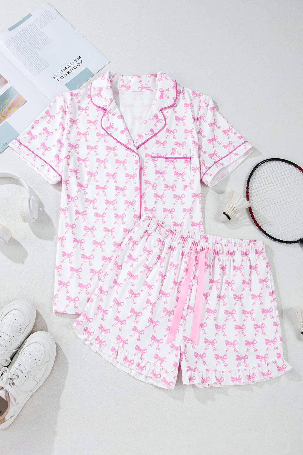 Printed Short Sleeve and Ruffled Shorts Pajama Set