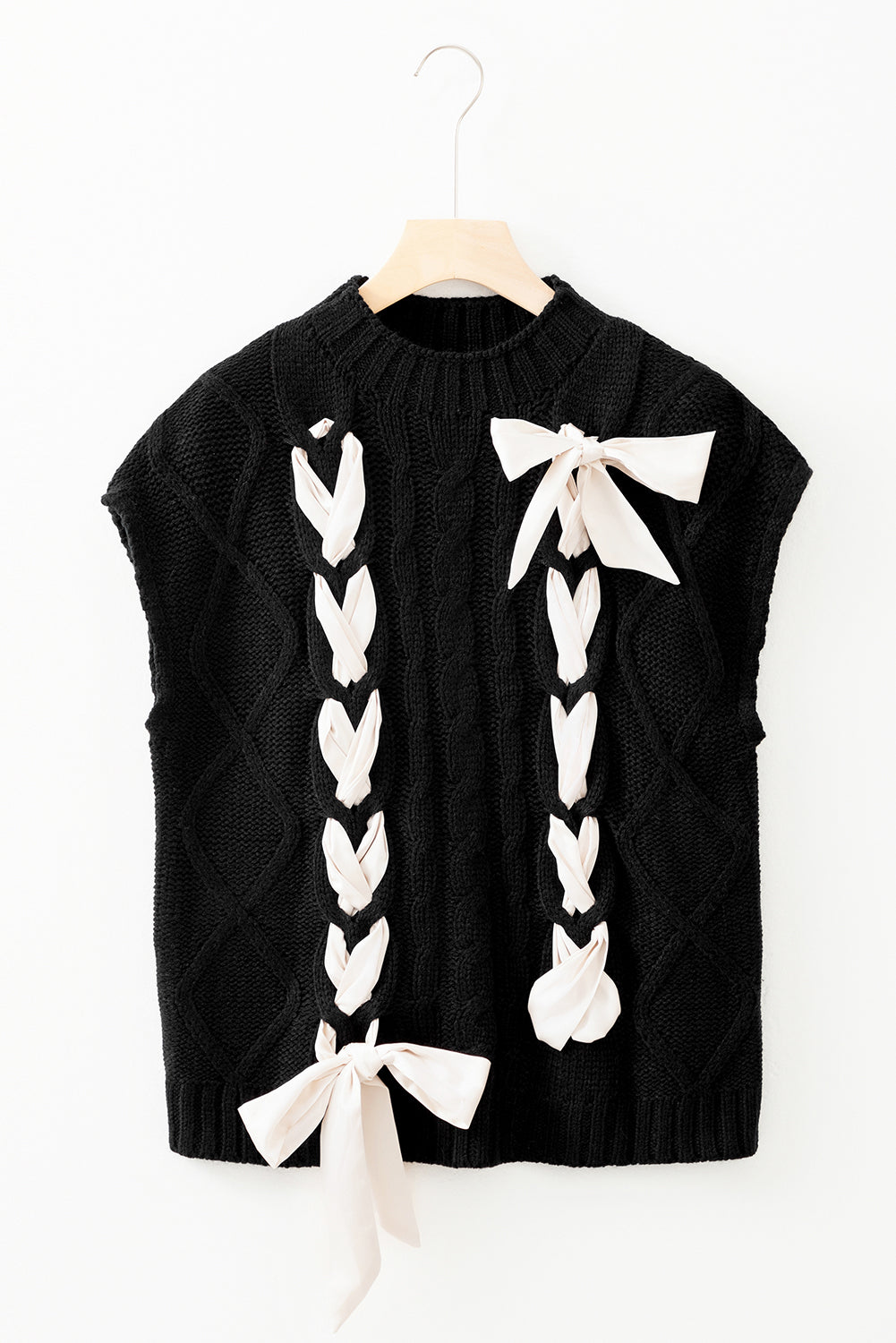 Cable Knit Satin Bowknot Short Sleeve Sweater