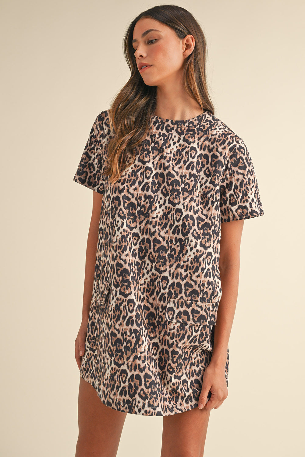 Leopard Print Crew Neck Shift Dress