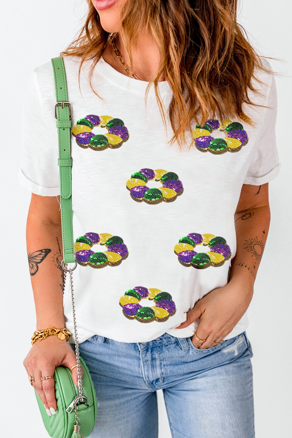 Sequined Mardi Gras Pattern Crew Neck Short Sleeve Top