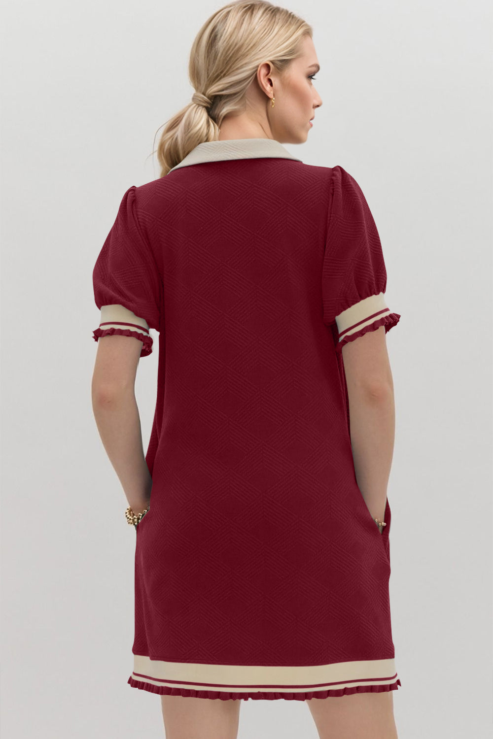 Frill Contrast Trim Johnny Collar Short Sleeve Mini Dress