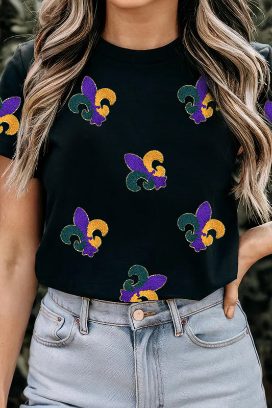 Chenille Mardi Gras Patched Crew Neck Tee