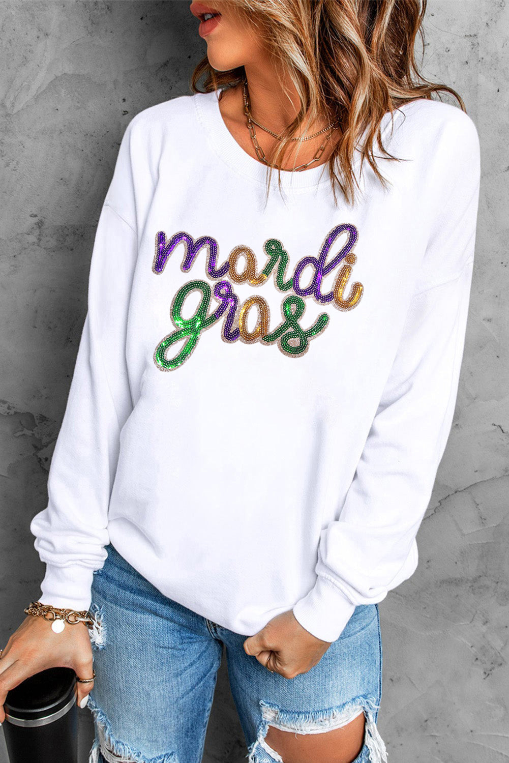 Sequined Mardi Gras Graphic Crew Neck Drop Shoulder Sweatshirt