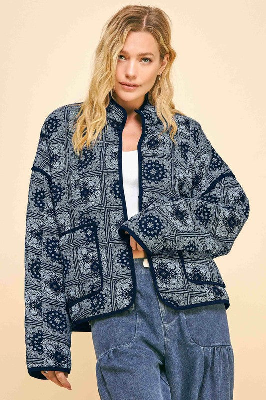 Vintage Print Open Front Jacket with Pockets