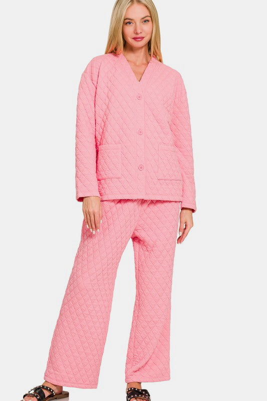 Quilted Button Up Long Sleeve Top and Pants Lounge Set