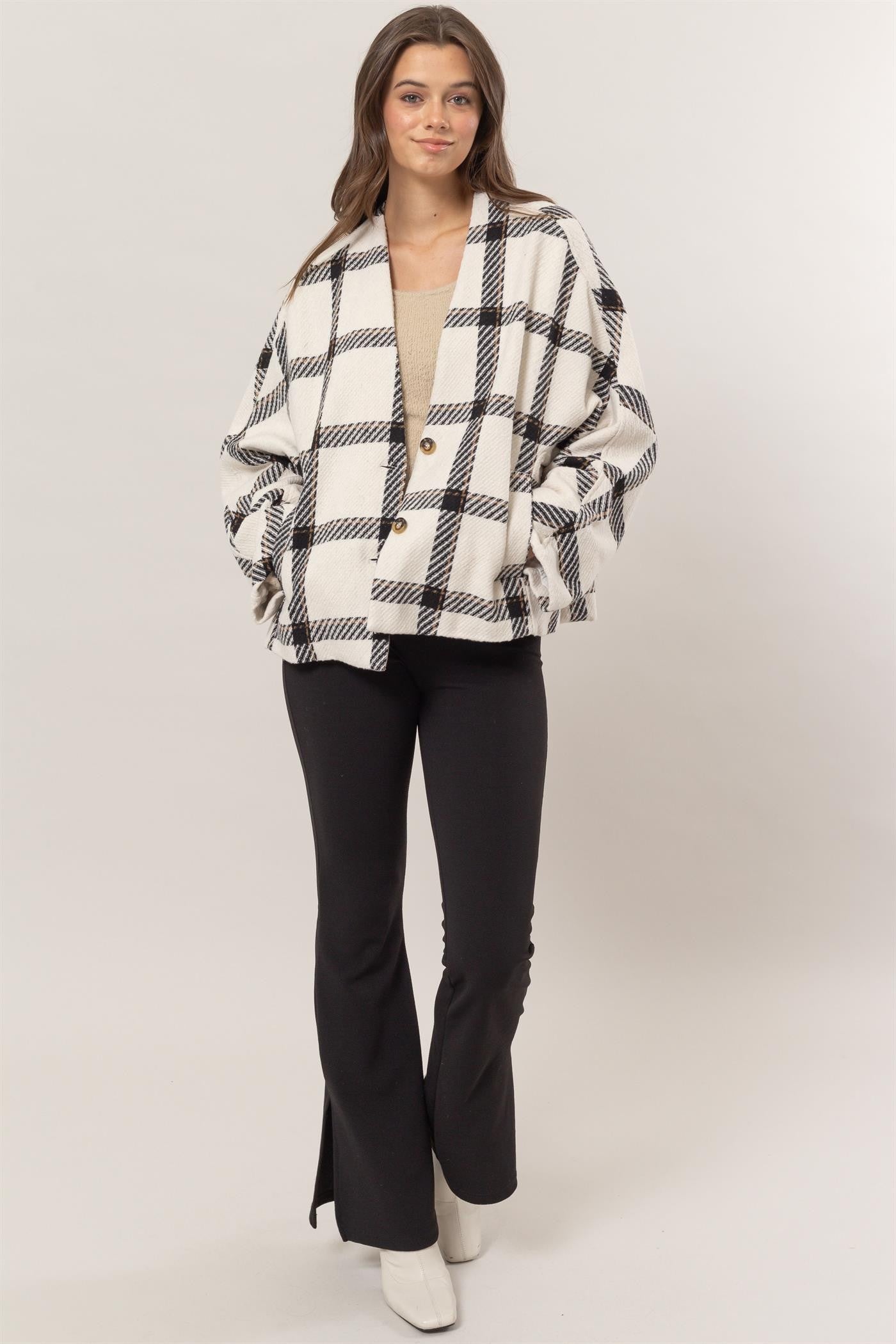 Plaid Long Sleeve Cardigan with Side Slit Pockets