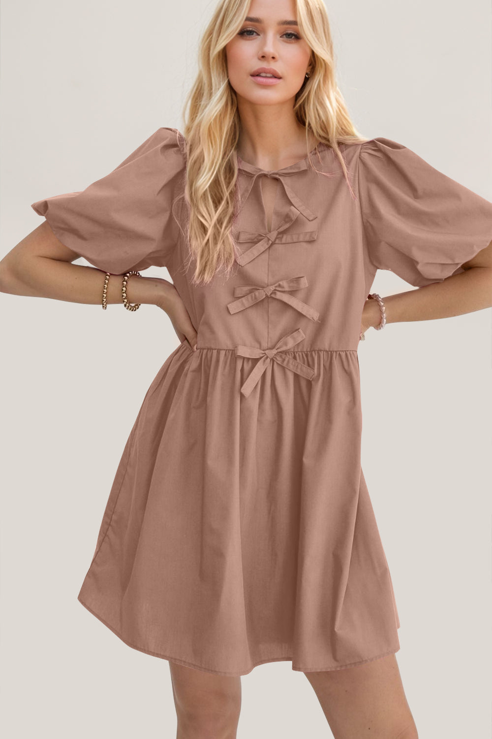 Bow Ruched Puff Sleeve Mini Dress