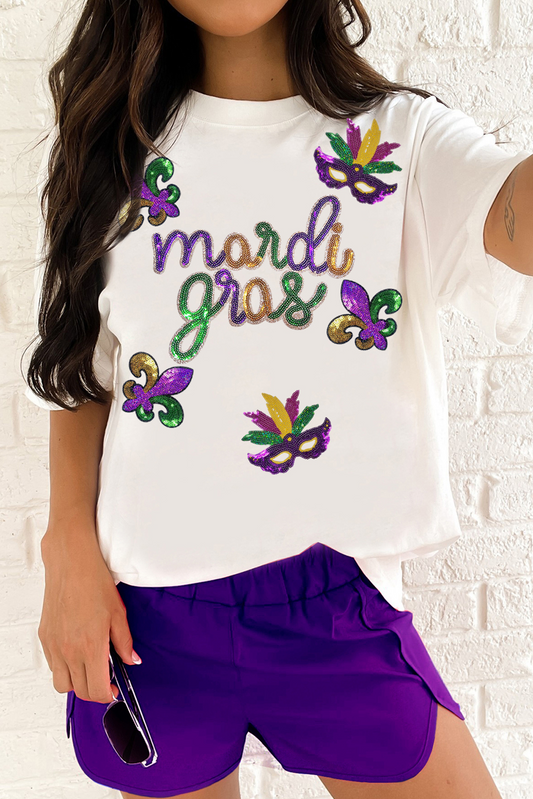 Sequin Mardi Gras Pattern Graphic Crew Neck Tee