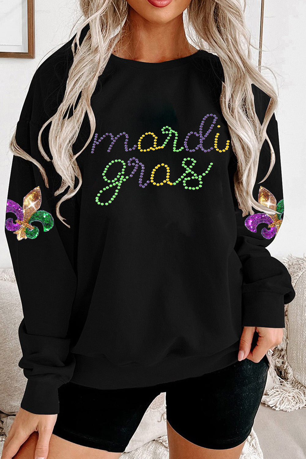 Rhinestone Mardi Gras Letter Graphic Sweatshirt