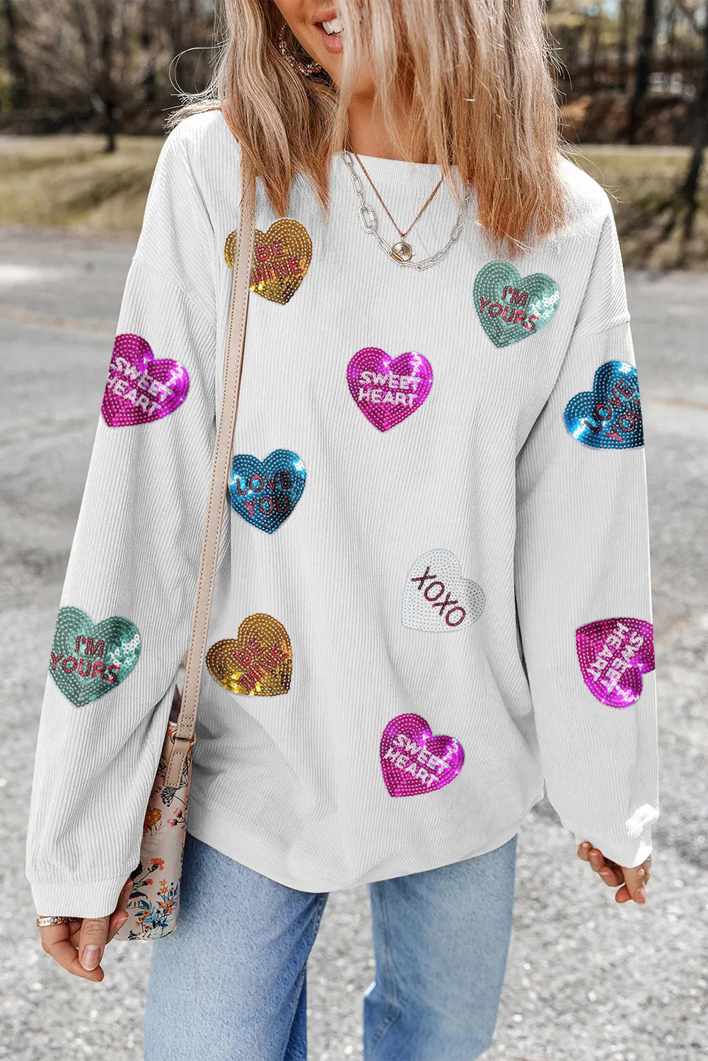 Valentine's Heart Sequin Corded Baggy Sweatshirt