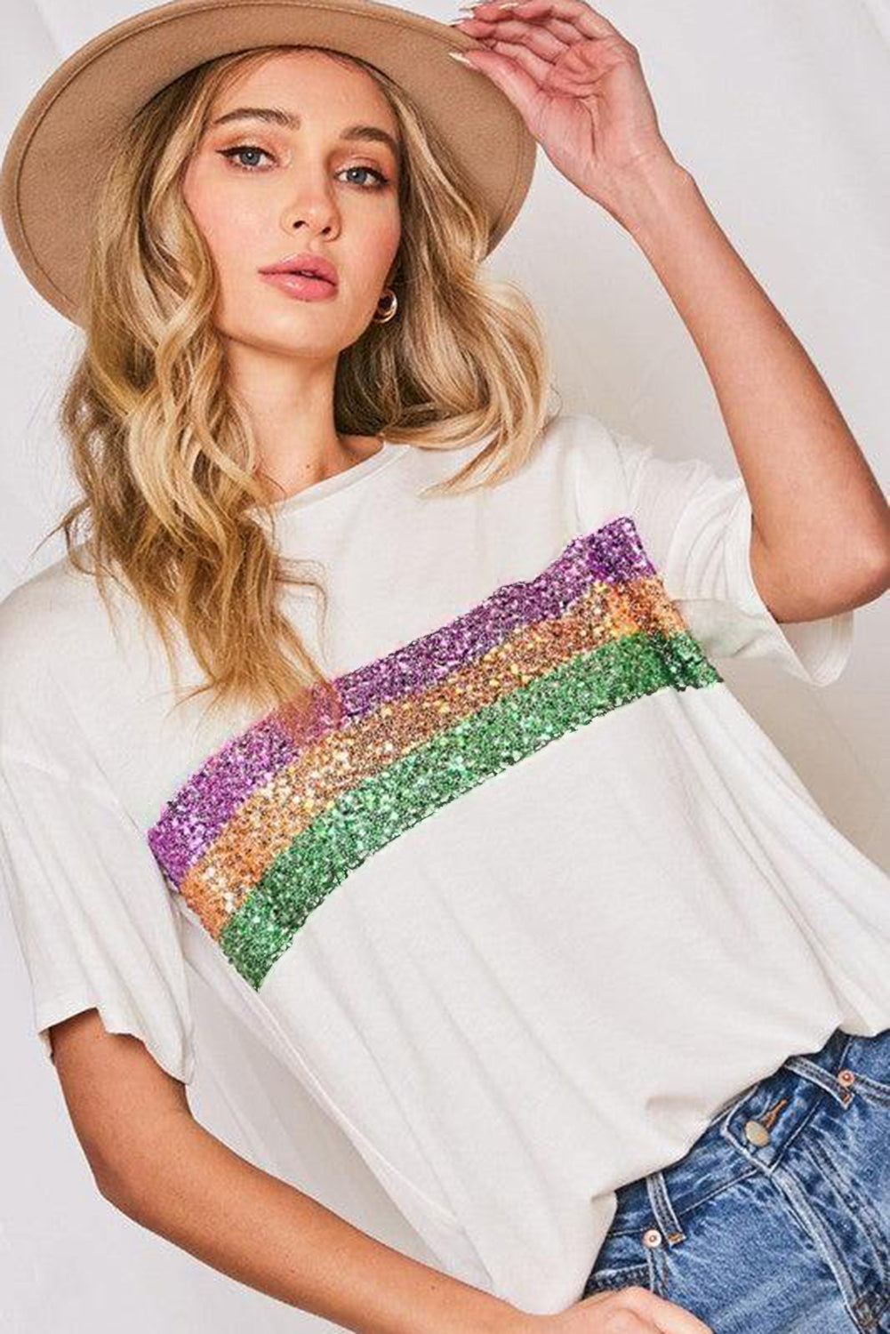 Colorblock Sequin Mardi Gras Crewneck T-Shirt