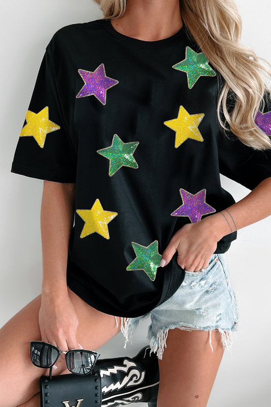 Mardi Gras Sequin Stars Relaxed T-Shirt